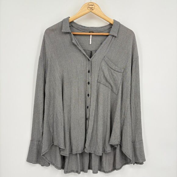 Free People Magic Breeze Button Up Oversized Top, Sz XS, Black/Gray, Bell Sleeve - Picture 2 of 10